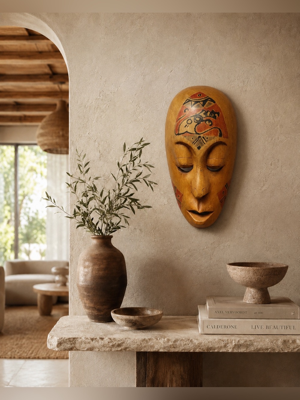 Handcrafted African Tribal Carved Wood Mask•  Wall Decor 7.5” • Animal Motif